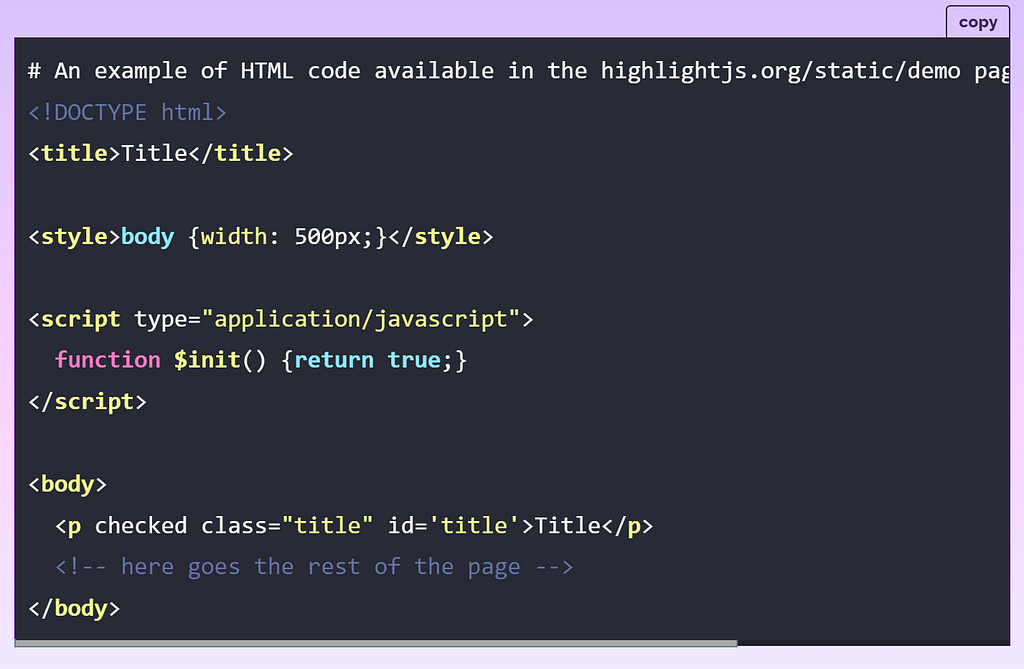 A screenshot from my website of a code block that has highlight.js enabled with syntax of different elements of a programming language highlighted