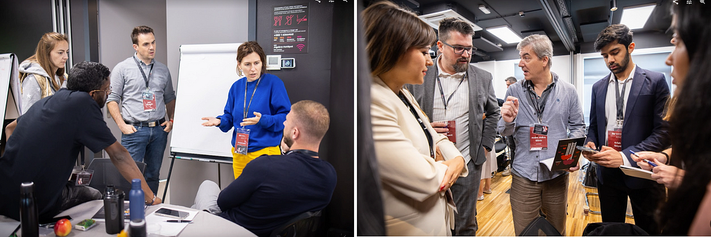 Left photo: 5 adults wearing casual clothes brainstorming in front of an easel holding a giant pad of paper and a table with paper notes, pens, and water bottles. Right photo: 5 adults wearing business clothes and lanyards, in a candid group discussion.