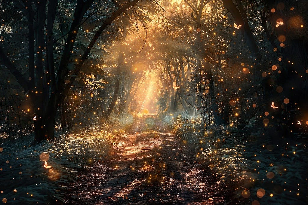 A forest with gold sunshine and golden butterflies.