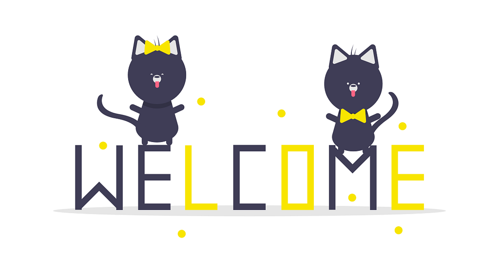 A drawing of two party cats on a WELCOME sign