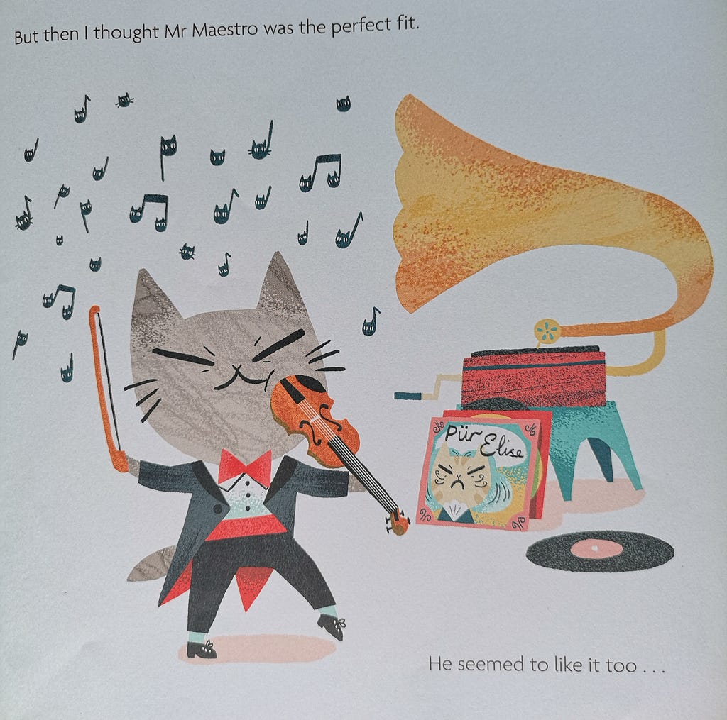 A Cat playing a fiddle with a phonograph and the album Pur Elise (cat version of Fur Elise) & musical notes in the background