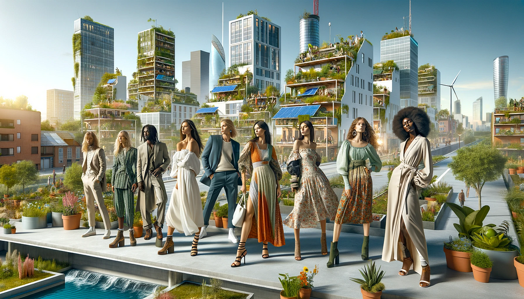 Models in sustainable attire standing on an eco-friendly urban rooftop garden, symbolizing the fusion of high fashion with green city living.