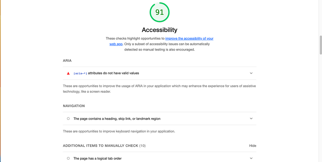 Lighthouse report : accessibility tab