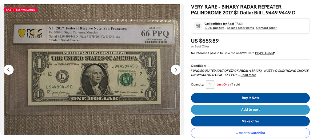 Palindrome Dollar Bill on EBay: https://tinyurl.com/4xya92de