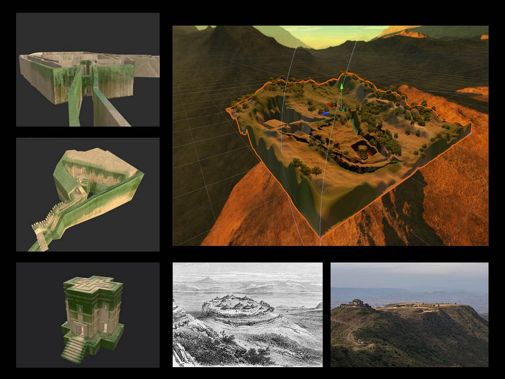 A 3D digital rendering of Ethiopian heritage sites, specifically the Lalibela Churches.