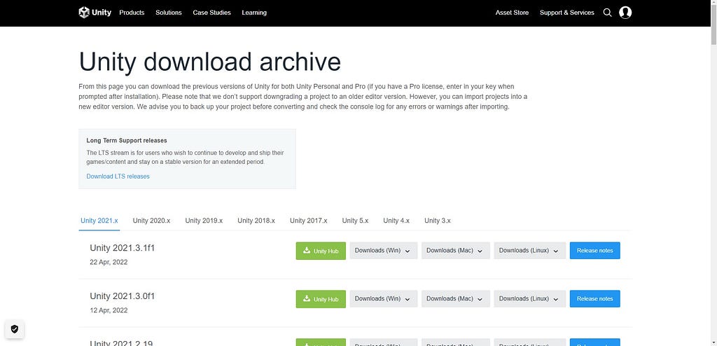 The Unity download archive allows users to select the specific version of Unity with the preferred individual components.