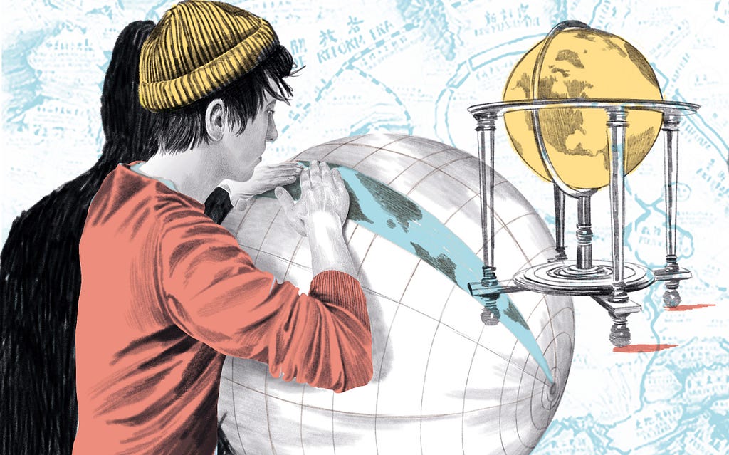 Illustration of a young person poring over a 3-D model of a globe.