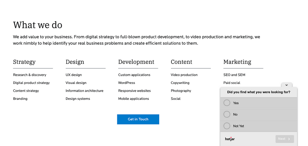 Hotjar survey on a website to measure design efficacy