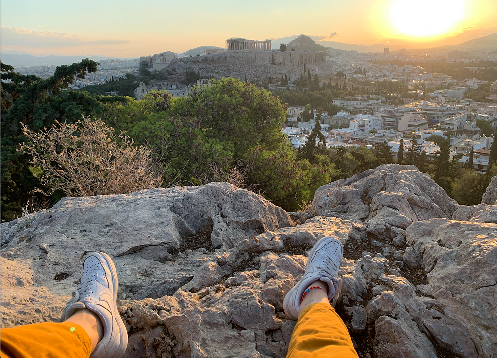 View of the Acropolis from Lycabettus Hill at sunrise — Juy 2022