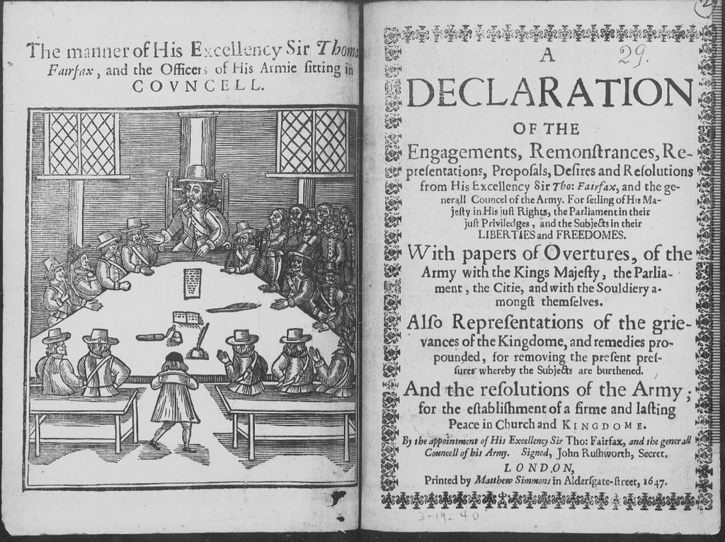 Soldiers and Fairfax engage in the political process in the woodcut attached to a 1647 pamphlet.