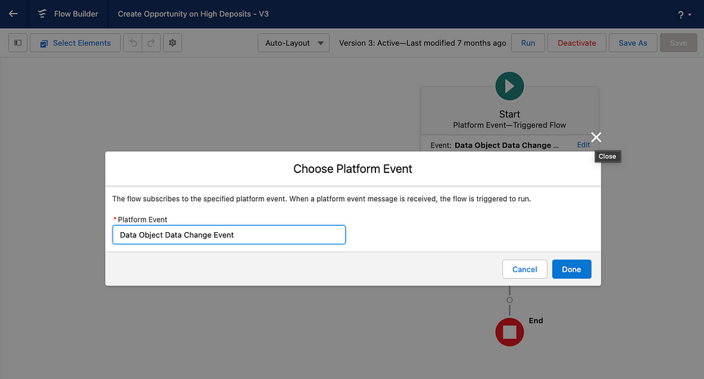 Data Object Data Change Event Screen in Salesforce