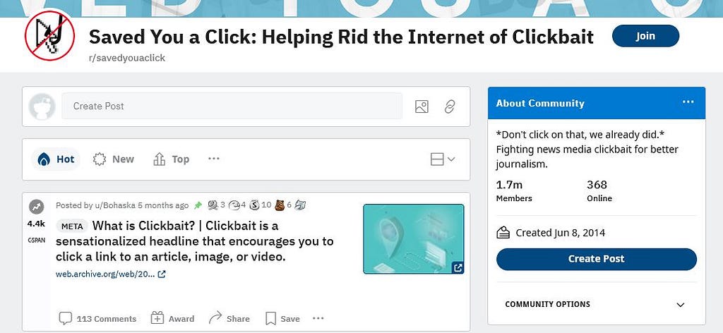 The main page of the Saved You A Click subreddit. 1.7m members and growing!