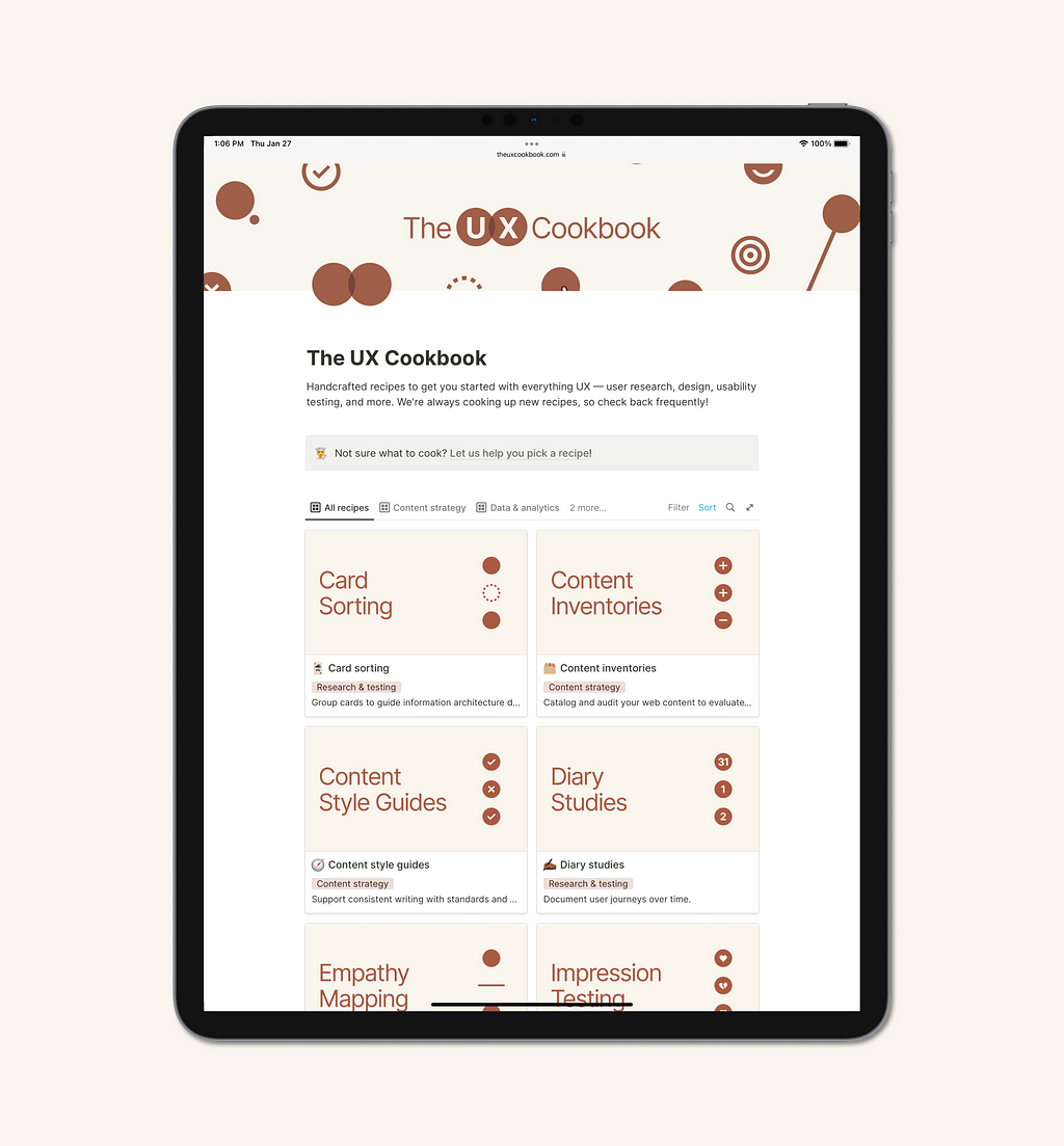 The UX Cookbook’s homepage on an iPad