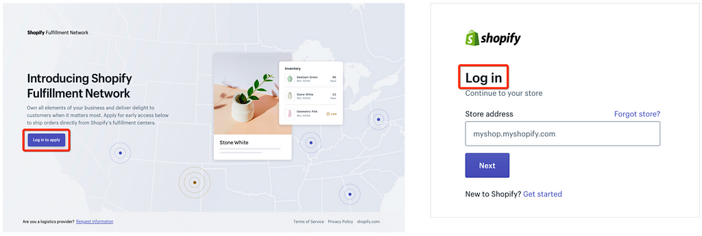 The landing page for Shopify Fulfillment Network and the log in screen, showing the continuity in language.