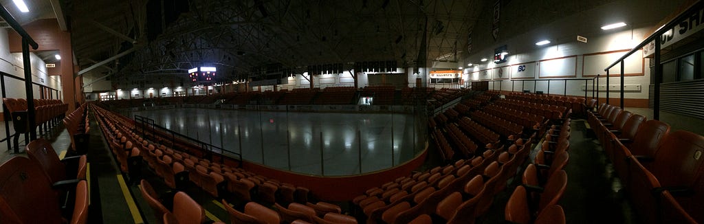 Photo of Trail’s Cominco Arena early in the morning with the lights out.