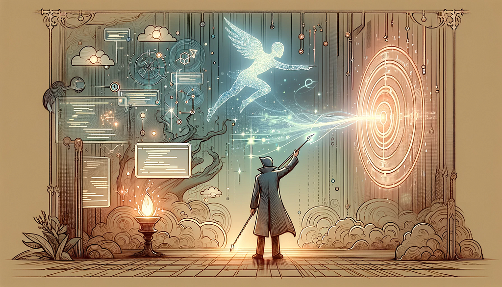 Digital art depicting a magician, symbolizing a skilled prompt engineer, in the center of a mystical scene. The magician is aiming a glowing, magical arrow towards a target resembling a conversation bubble filled with code and AI elements. The atmosphere is ethereal with digital streams and lines of code floating around.