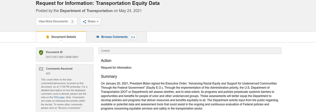Screenshot of the top portion of a US government website titled Request for Information: Transportation Equity Data (https://www.regulations.gov/document/DOT-OST-2021-0056-0001)