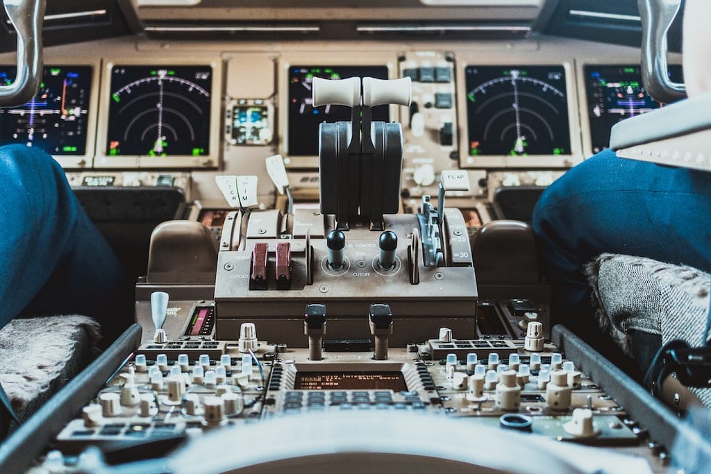 The cockpit of an airplane; so many levers and controls…