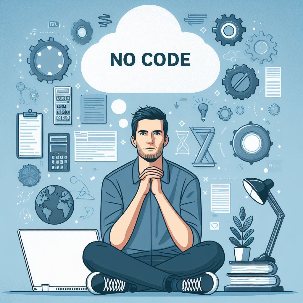 A person thinking about ‘No-Code’ development, with the text ‘NO CODE’ displayed in the image