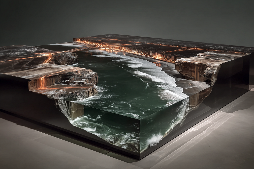 Fractured architectural platform with city lights glowing on top while ocean waves erode the breaking edges, representing diminishing strategic territory and crumbling foundation beneath ongoing work