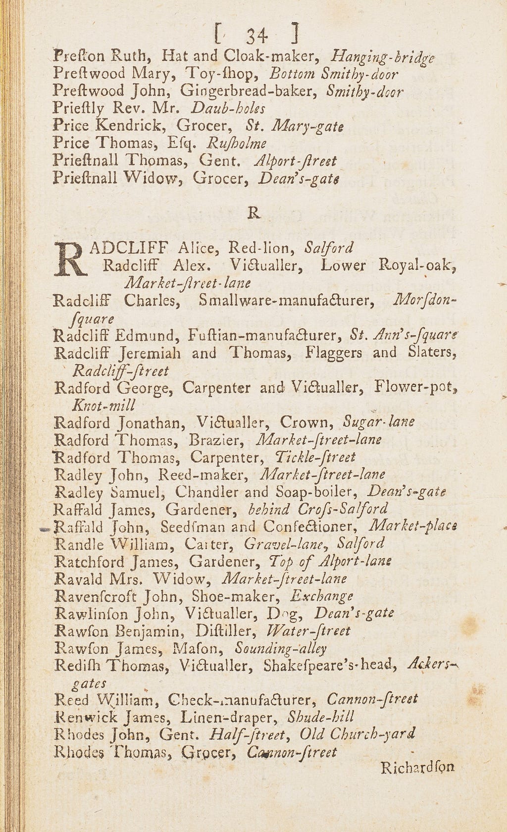 Page 34 of a Manchester trade directory listing names from Preston to Rhodes.
