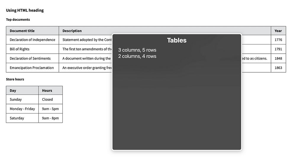 Rotor menu on Tabels section with two unnamed tables: “3 columns, 5 rows” and “2 columns, 4 rows.” Behind the rotor are two tables where the visual presentation sufficiently creates names for the tables, but the implementation is not accessible.