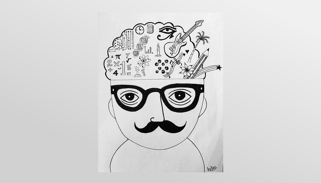 An illustration of a spectacled, mustachioed man with a lot of things on his mind.