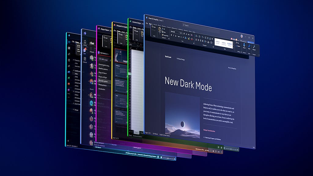 This image depicts the automatic pairing pairing of Dark Mode with the OS. If you choose either Light or Dark Mode in Windows 11, Office apps will now automatically match that preference, making everything easy peasy.