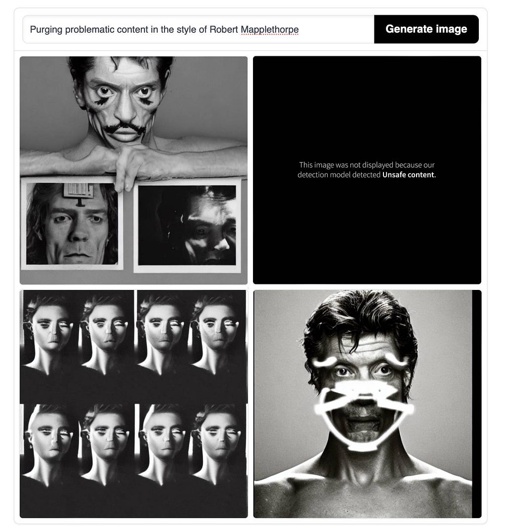 “Purging problematic content in the style of Robert Mapplethorpe” responses generated by Stable Diffusion