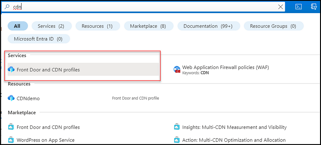 Figure 11 — Shows searching for CDNs in the Azure search bar.