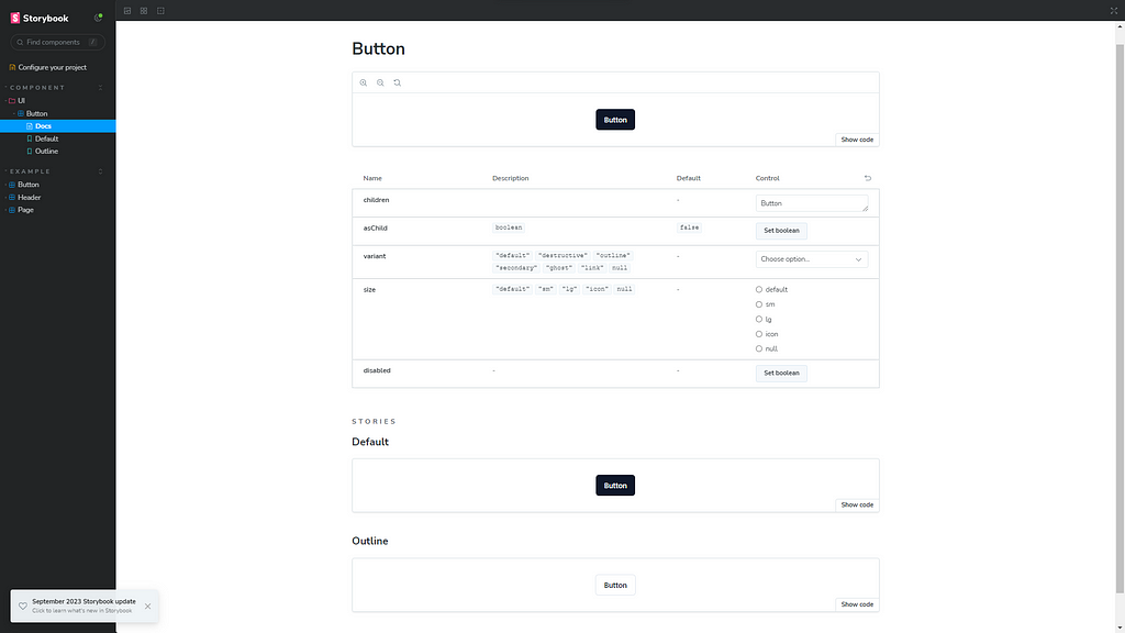 screenshot of the results of implementing the storybook code