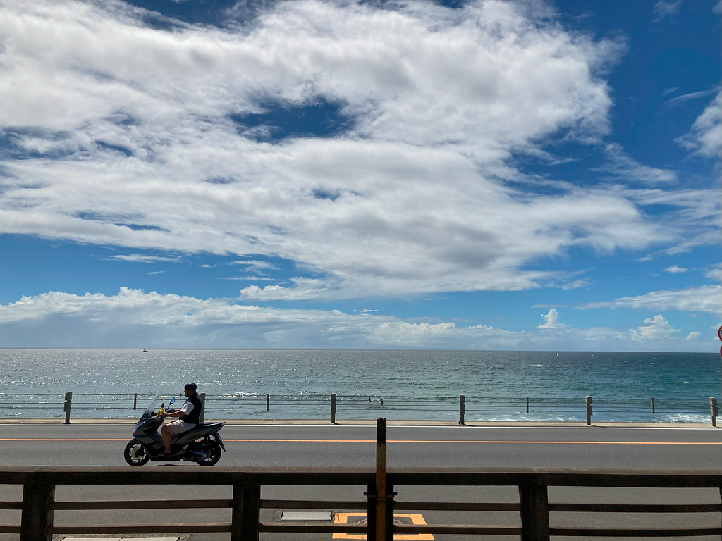 Photo of motorcyclist with the Kanagawa seaside in the background.