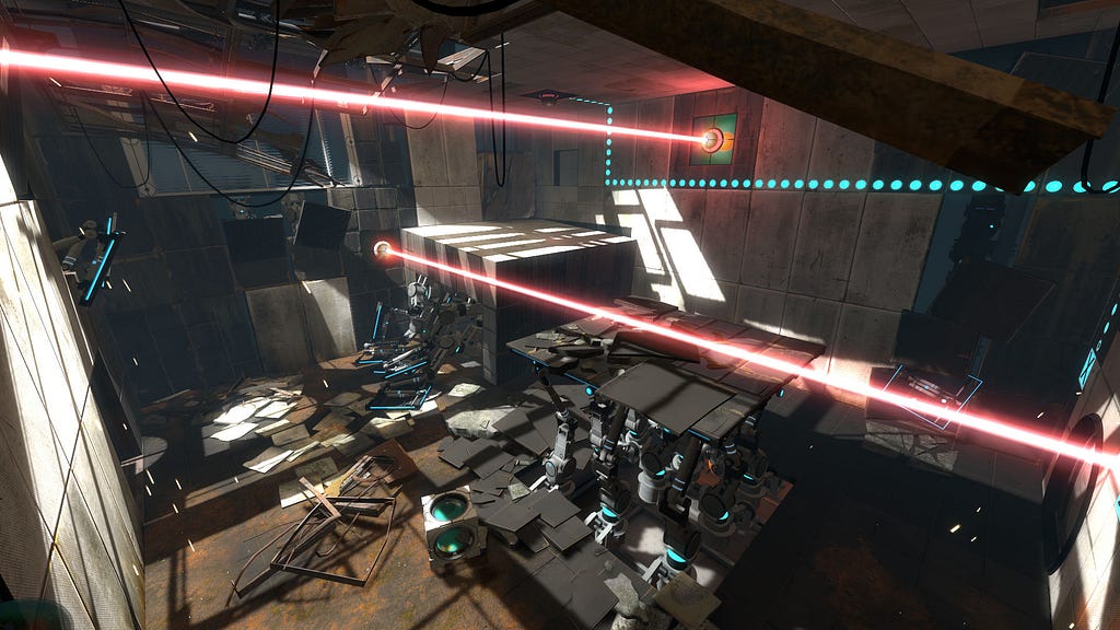 A screenshot from the video game Portal 2. There is a room strewn with rusted metal and broken tiles. Wall panels on articulated mechanical arms protrude out of the floor. Bright red lasers cut across the room.