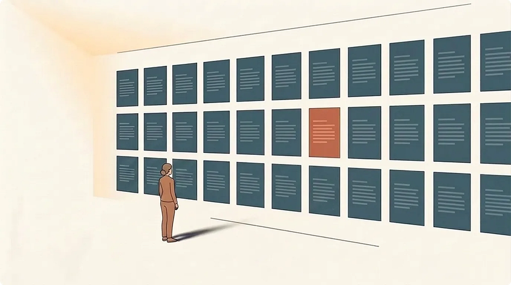 Illustration of a small human figure facing a large grid of near-identical petrol-blue pages, each filled with the same faint lines of text. A single terracotta-coloured page stands out as different among them.