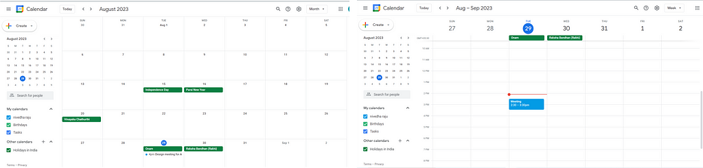 Google calendar’s weekly and monthly view