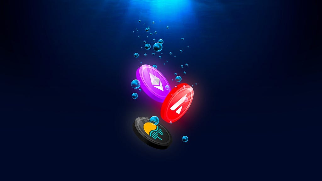 Dexpool key art, showing cryptocurrency coins descending into the ocean depths.