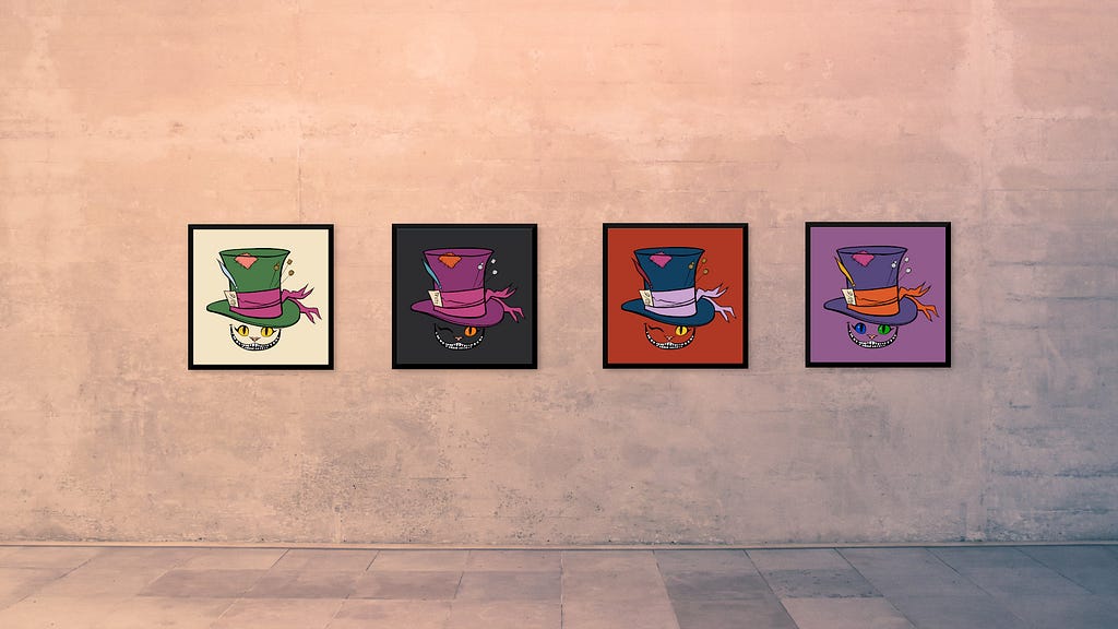 Four digital paintings of cats wearing hats hanging on a wall