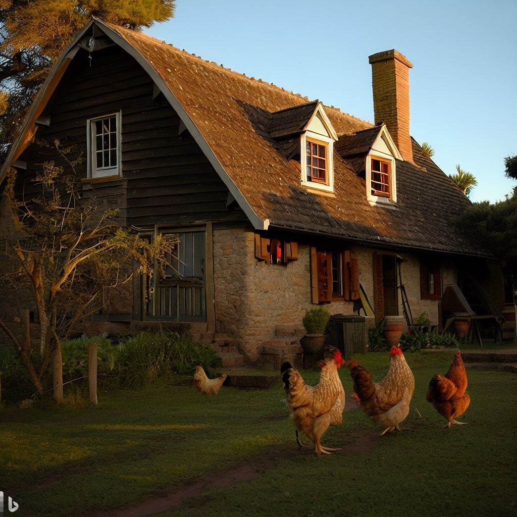 Farmhouse with a few chickens in the front in the sunset