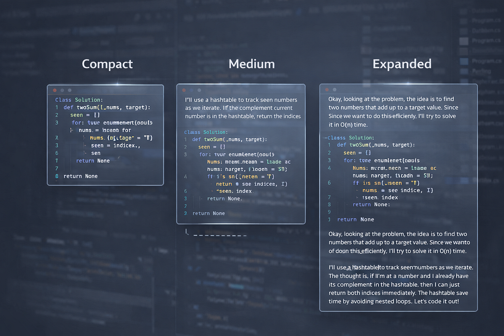 Three screenshots showing the overlay at different sizes — compact mode with just code, medium mode with code and explanation, and expanded mode with full thought process