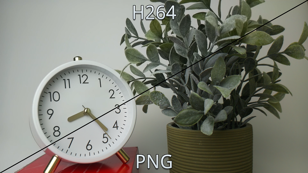 A split image is shown with one half being a still image from a H264 video and the other being a normal camera capture using PNG.