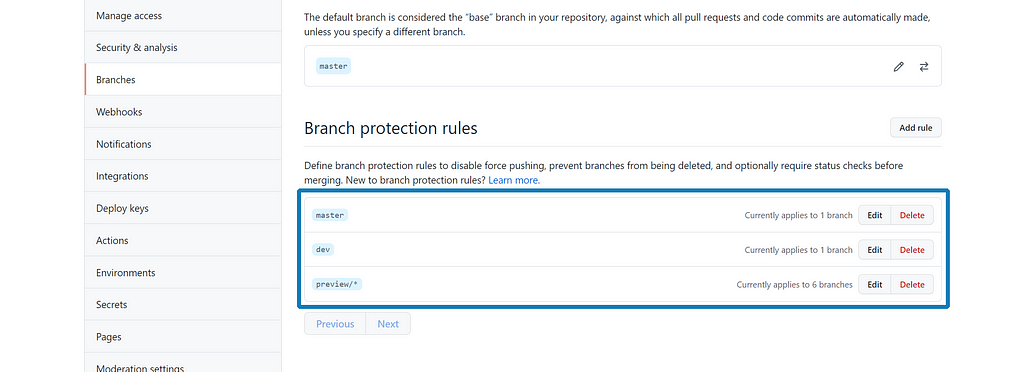 Box highlighting the branch protection rules (One for master, one for dev, and one for preview/*) on the Branch Protection Rules pages