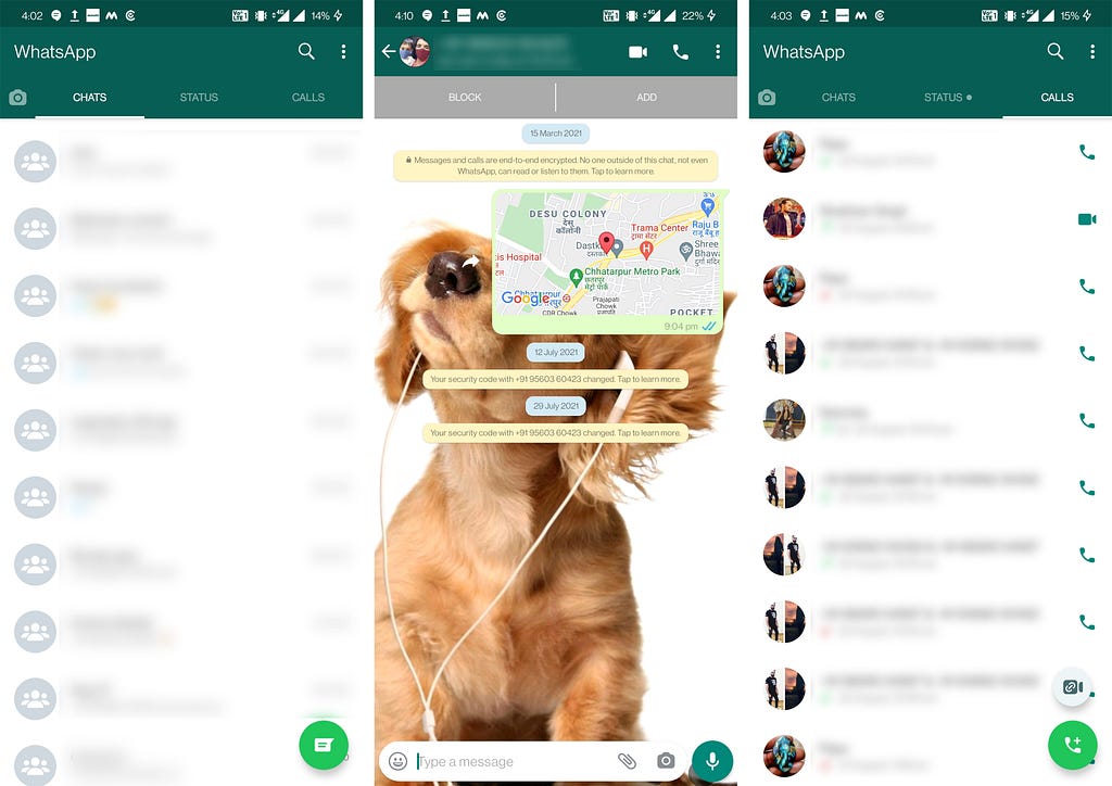 Screenshot of whatsapp chats, calls, and groups.