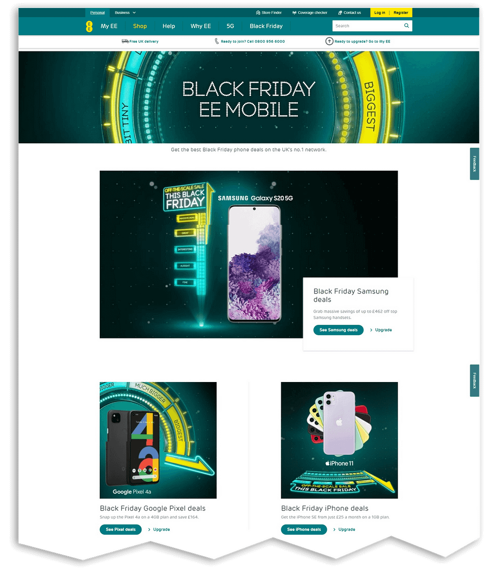 The top portion of the EE Black Friday Sale page with sales promotions.