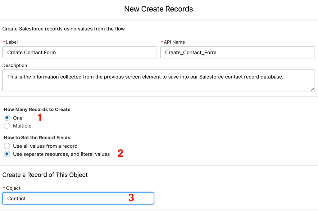 Screen shot of the create record steps
