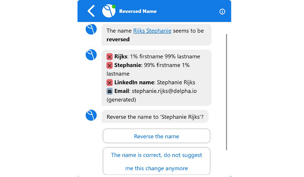 A Delpha conversation showing an end user when a contact or account name is possibly reversed inside Salesforce