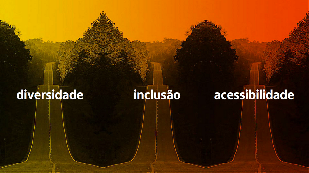 Três estradas, uma ao lado da outra com as palavras "Diversidade, Inclusão e Acessibilidade" sobrepostas em cada uma delas.