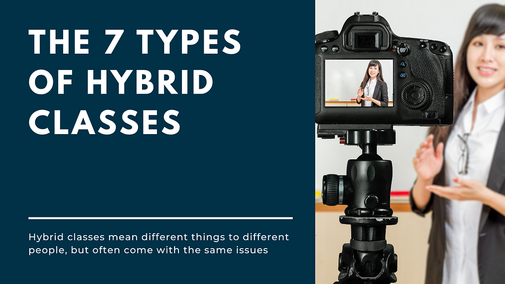 Thumbnail with the blog title “The 7 types of hybrid classes” and a representative image showing a teacher teaching in class, in front of a camera
