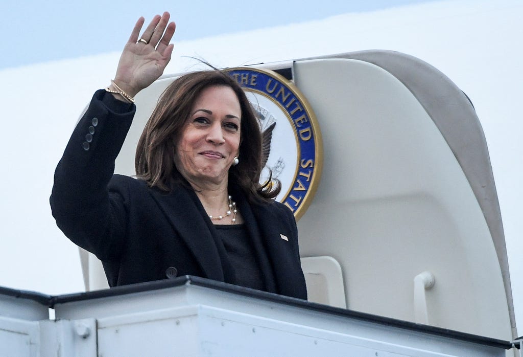 U.S. Vice President Kamala Harris waves as she boards Air Force Two prior to departure from Bucharest after a trip to Poland and Romania amid Russia’s invasion of Ukraine, March 11, 2022. Photo by Saul Loeb/Pool/Reuters