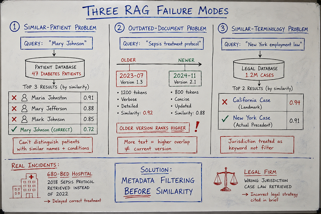 Whiteboard diagram showing three RAG retrieval failure patterns — similar patients with same conditions/names retrieved interchangeably (healthcare), older verbose documents ranking above current concise versions (all industries), and semantic similarity overriding metadata filters like jurisdiction (legal). Solution shown: metadata constraints applied BEFORE similarity scoring. Red and blue dry-erase marker with real incident examples, visible eraser marks.