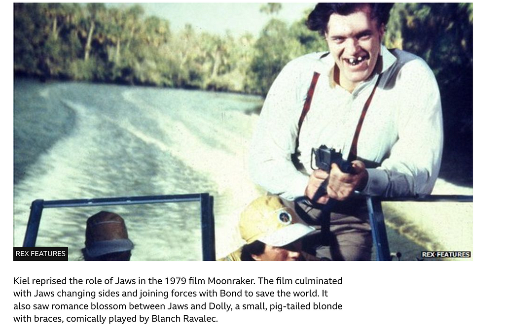 Excerpt from BBC article after Kiel’s death showing an image of the actor Kiel and text stating Dolly had braces.